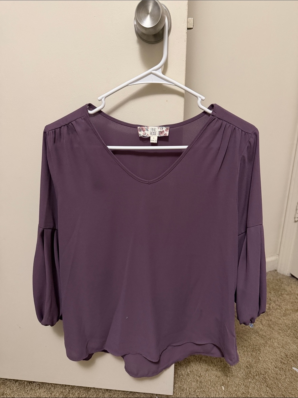 Pink Rose Lavender V-Neck 3/4 Sleeve Blouse